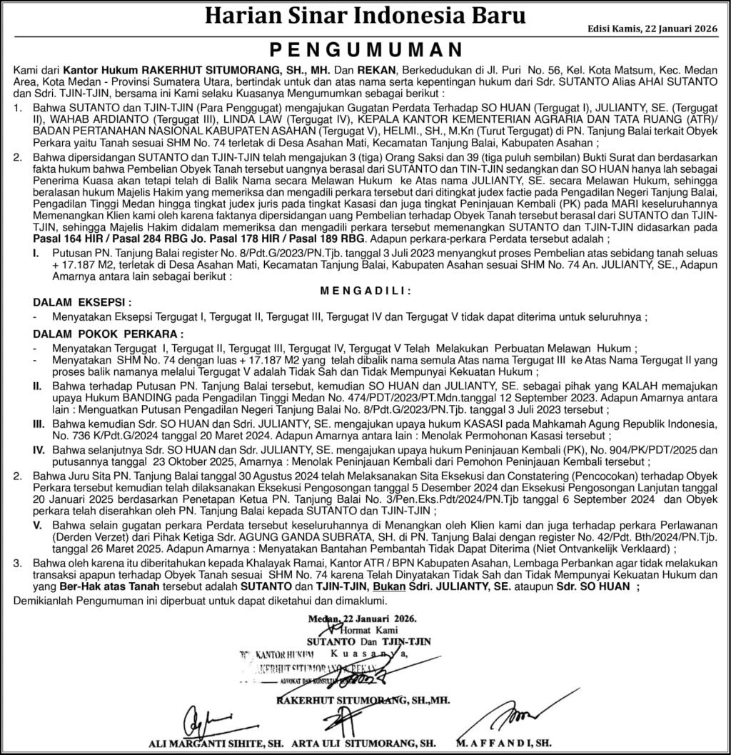 Pengumuman!! Sutanto dan Tjin-tjin Pemilik Sah Sertifikat SHM No.74